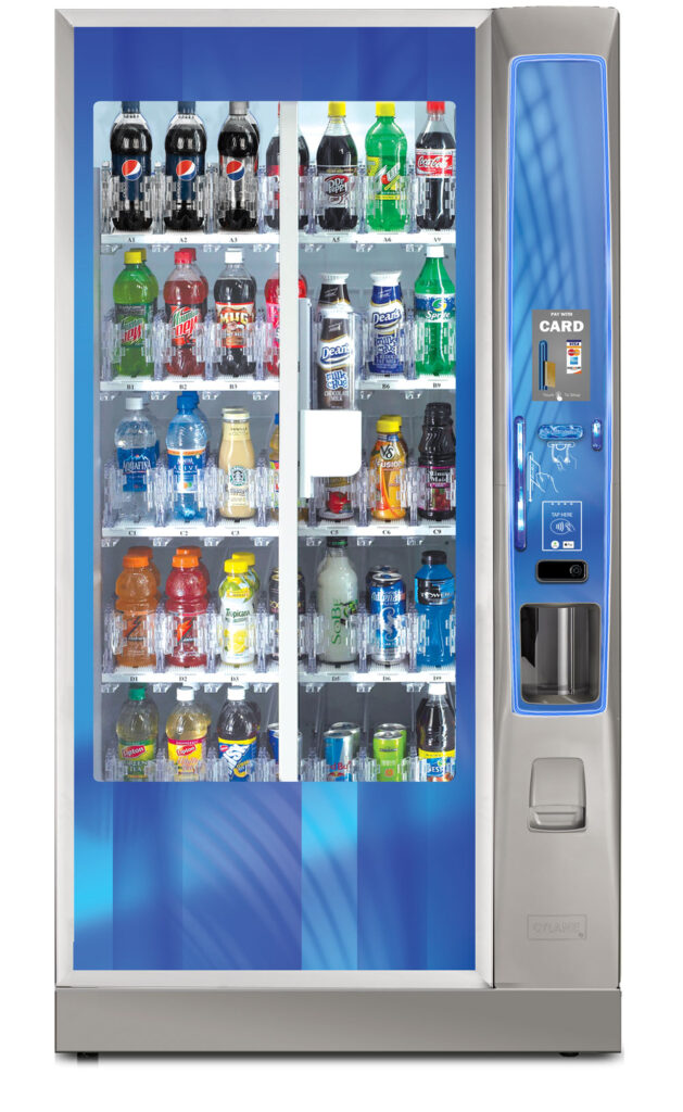 New narrow glass-front chilled drink vending machine for tight spaces