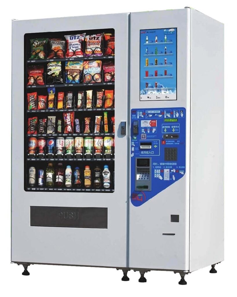 Cashless vending machine with card and phone tap payments on a touchscreen combo machine