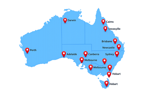 Map of Australia showing free vending machine placement coverage in Sydney, Melbourne, Brisbane, Perth, Adelaide, Newcastle, Gold Coast, Canberra, Hobart and Darwin