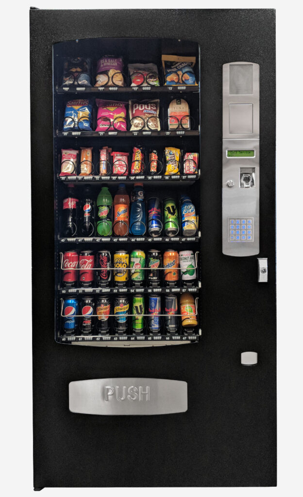 New four-wide value combo vending machine with snacks and chilled drinks