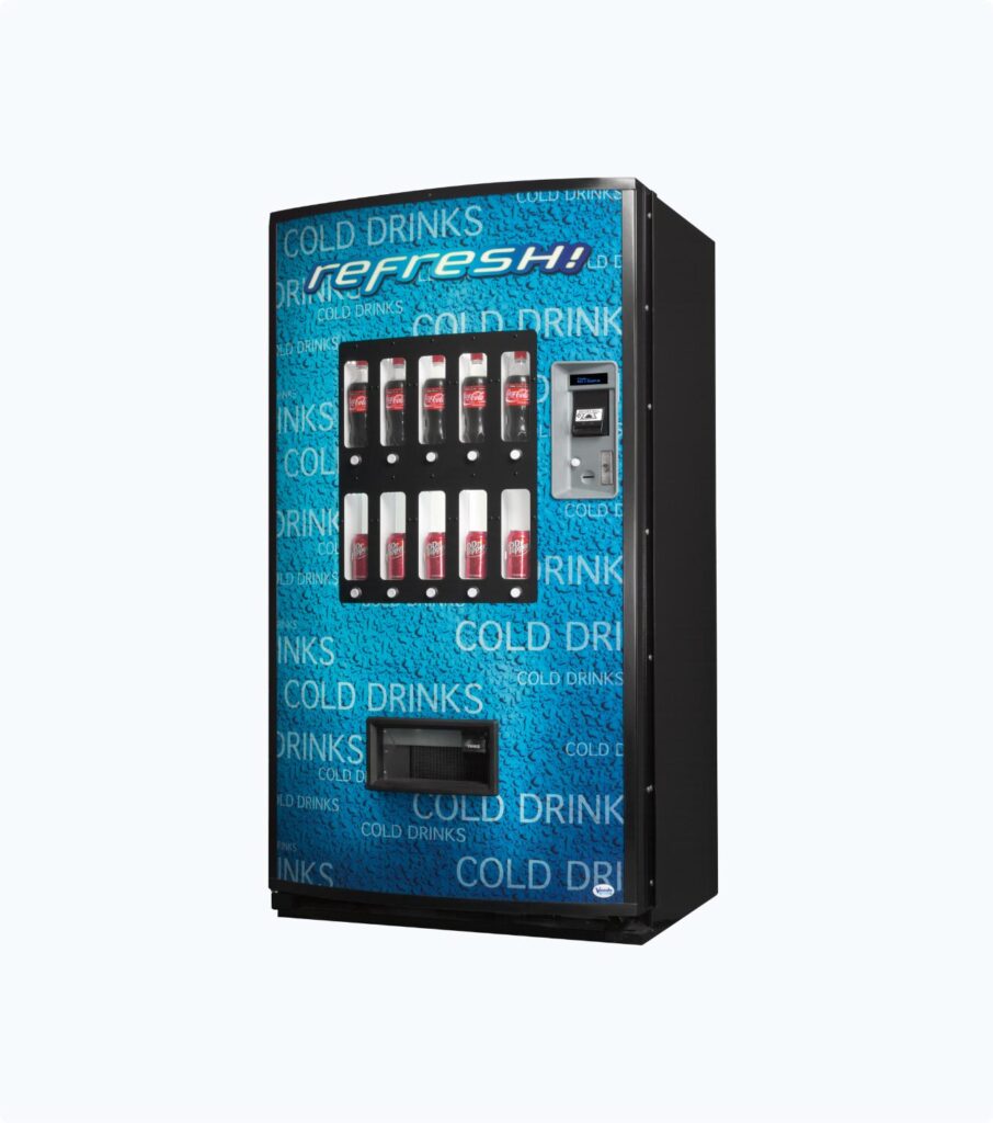 New stack-vend cold drink vending machine for cans and bottles