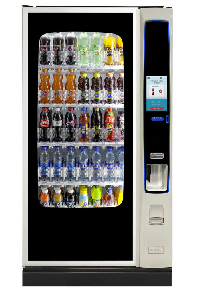 New glass-front cold drink vending machine with a large touchscreen and 35 selections