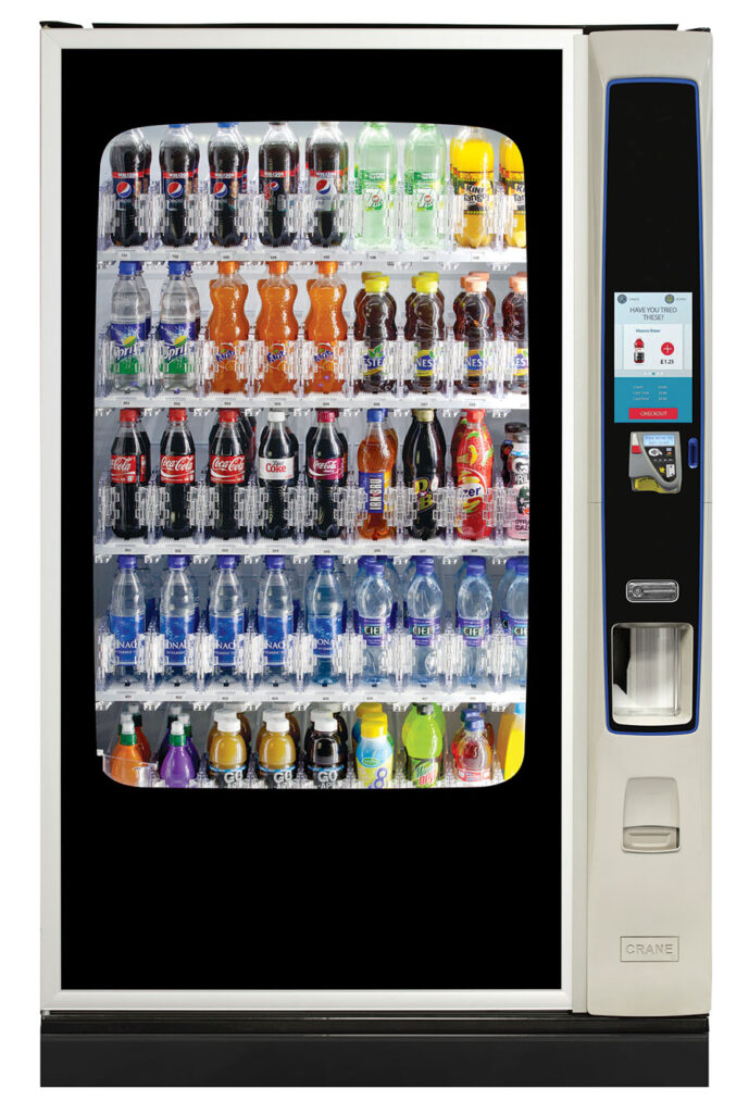 New wide glass-front cold drink vending machine with 45 selections and touchscreen