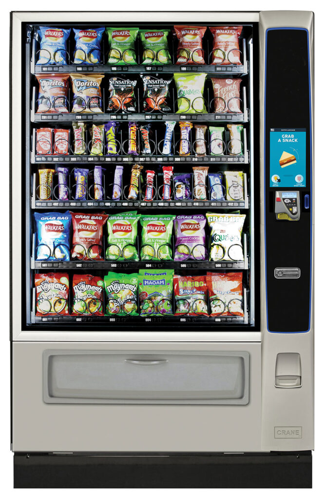 New six-wide snack vending machine with glass front and touchscreen
